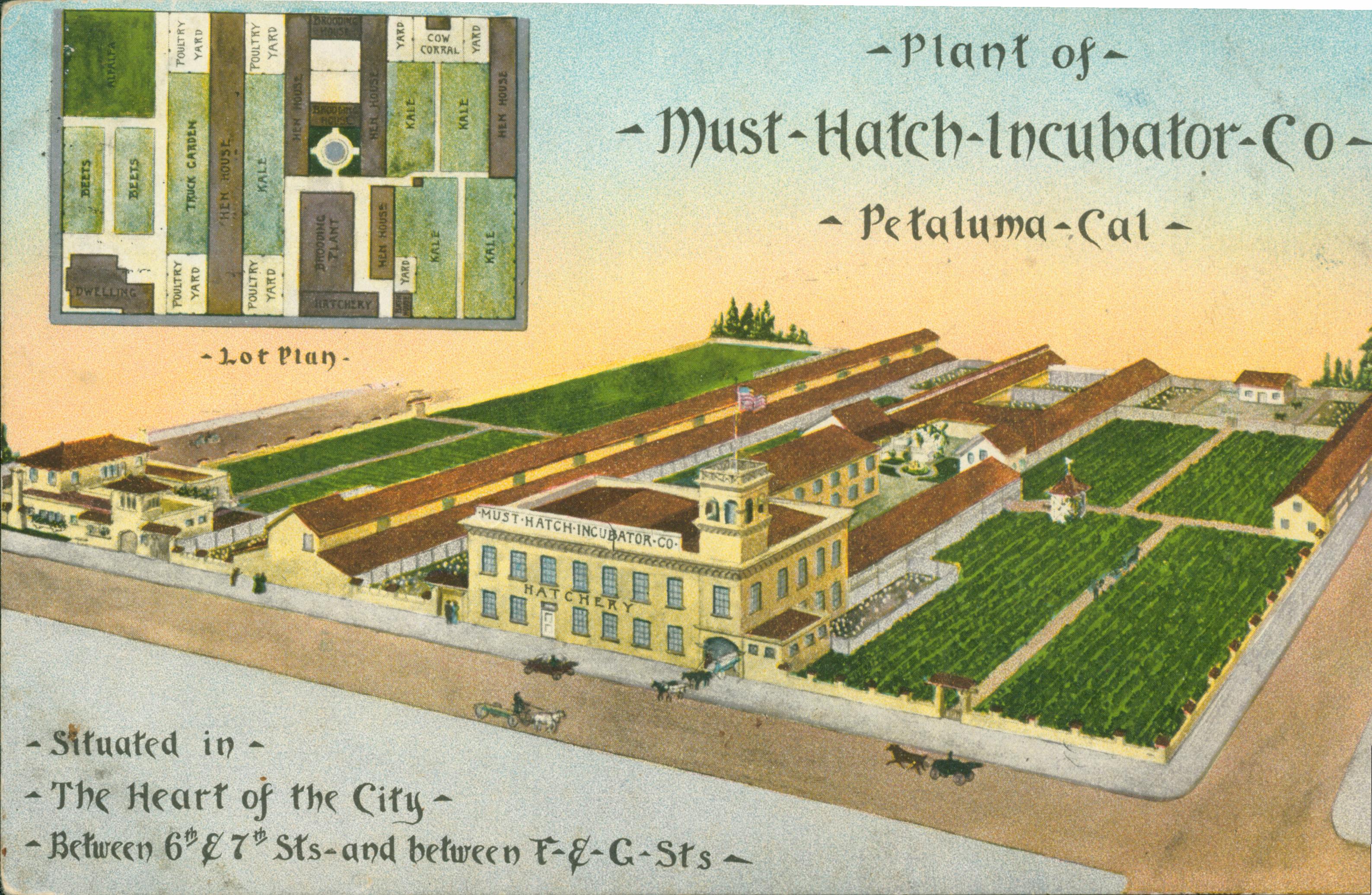 Shows a bird's eye view of the Must Hatch Incubator company plant with a lot plan in the upper left corner.